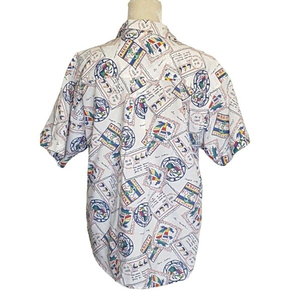 Huntington Ridge Vtg Women's Top L Nautical White Short Sleeve Boats Button Fron - Picture 5 of 10